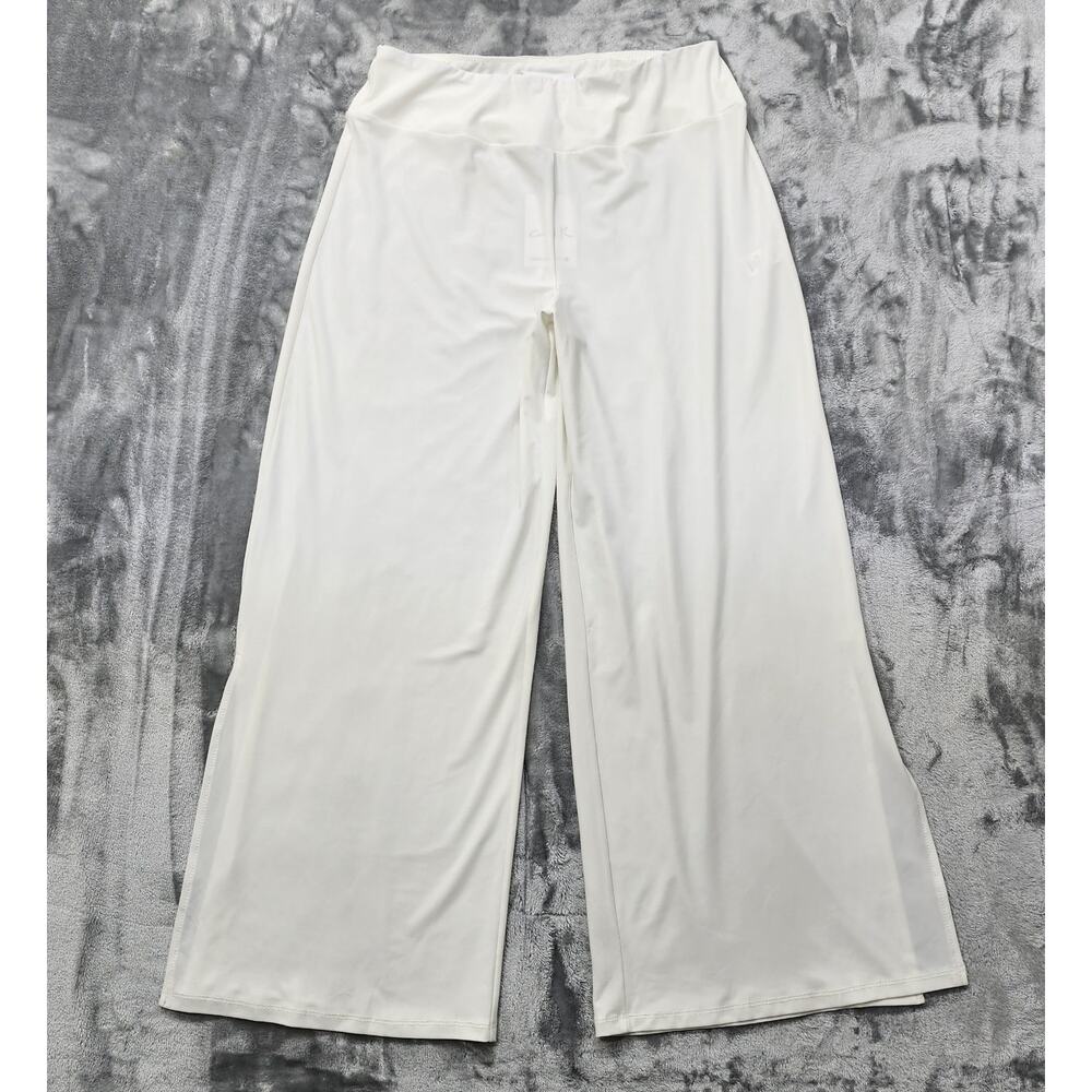 Compli K Pants Womens L Ivory Wide Leg Pull On Side Slit‎ Silky Knit Stretch